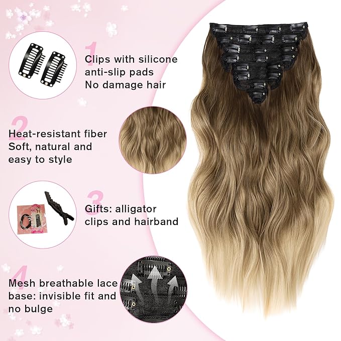 Clip in Hair Extensions for Women, 20 Inch 8PCS Long Wavy Omber Blonde Hair Extensions Clip Ins, Synthetic Soft Hairpieces for Women