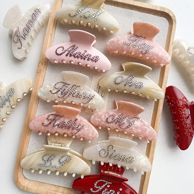 Personalized Colorful Name Hair Claw Clips for Women,Custom Hair Clips with Diamond,Cute Hair Accessories 4",Handmade Rhinestones Hair Clamp Gifts for Mom,Bride,Wife,Bridesmaid,Couples（Shell Pink）