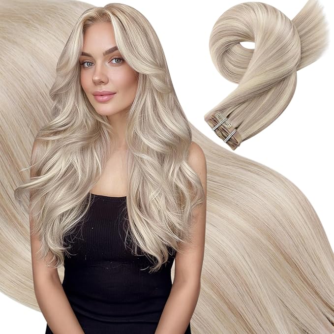 Moresoo Blonde Highlight Human Hair Clip ins Seamless Ash Blonde with Bleach Blond Remy Human Hair Clip in Extensions 135g 7pieces for Wedding Pu Skin Invisible And Thick 16inch