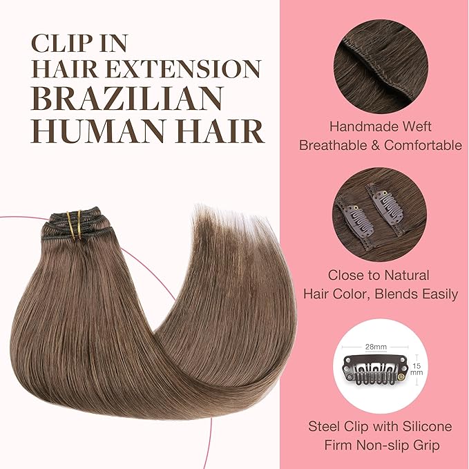GOO GOO Clip in Hair Extensions Real Human Hair, Remy Human Hair Extensions Clip ins for Women, Natural Human Hair, 24inch 170g 7Pcs, #5 Light Ash Brown