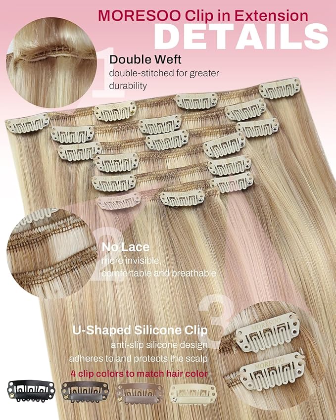 Moresoo Clip in Hair Extensions Blonde Highlights Long Remy Real Human Hair Clip in Extensions Golden Blonde with Medium Blonde for Women Warm Color Straight Double Weft 120g/7pcs 16 inch