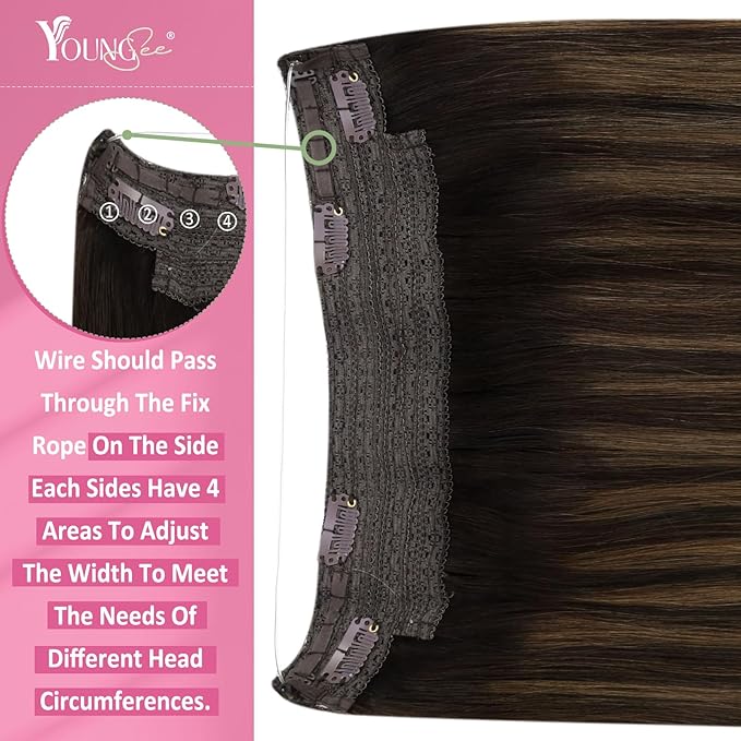 YoungSee 135G Wire Hair Extensions Human Hair Balayage Invisible Wire Hair Extensions Darkest Brown with Medium Brown Balayage One Piece Hair Extensions Long Straight Hair 24Inch