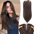 Dark Brown with Caramel Highlights Synthetic Hair Toppers for Women with Thinning 3D 360° Cover Clip in Wispy Bangs Upgraded Adjustable Bandage 18 Inch Long Layered