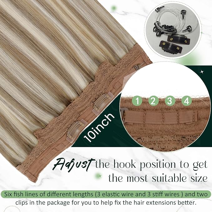 RUNATURE Wire Human Hair Extensions, Blonde Highlight Fish Line Hair Extensions Real Human Hair, Smooth Remy Hair for Women, One Piece Clip in Wire Hair Extensions 18 Inch 80g #8P24