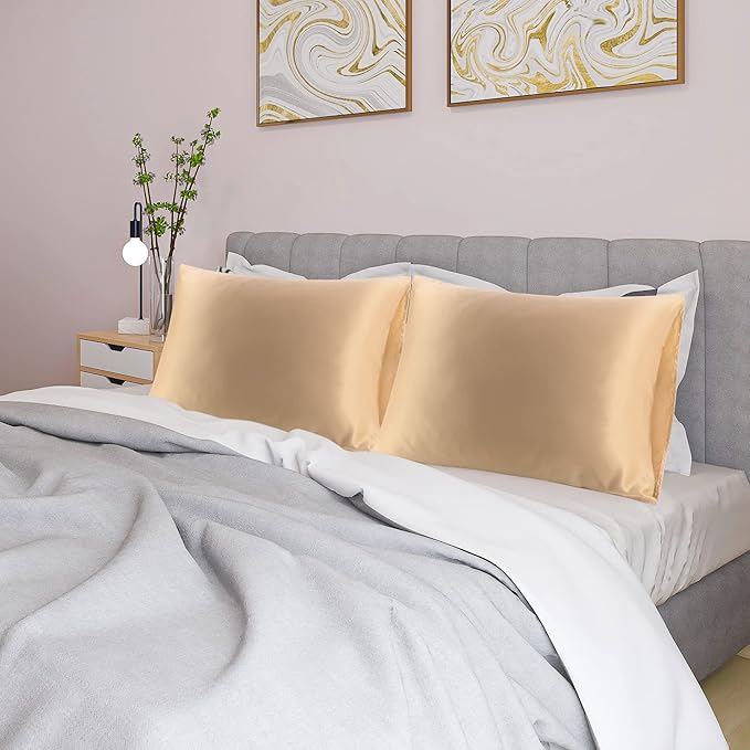 uxcell 2 Pack Silk Satin Pillowcase for Hair and Skin, Cool, Silky, Soft Breathable Pillow Cases Queen Size 20x30 Inch Sateen Pillowcase Caramel with Envelope Closure