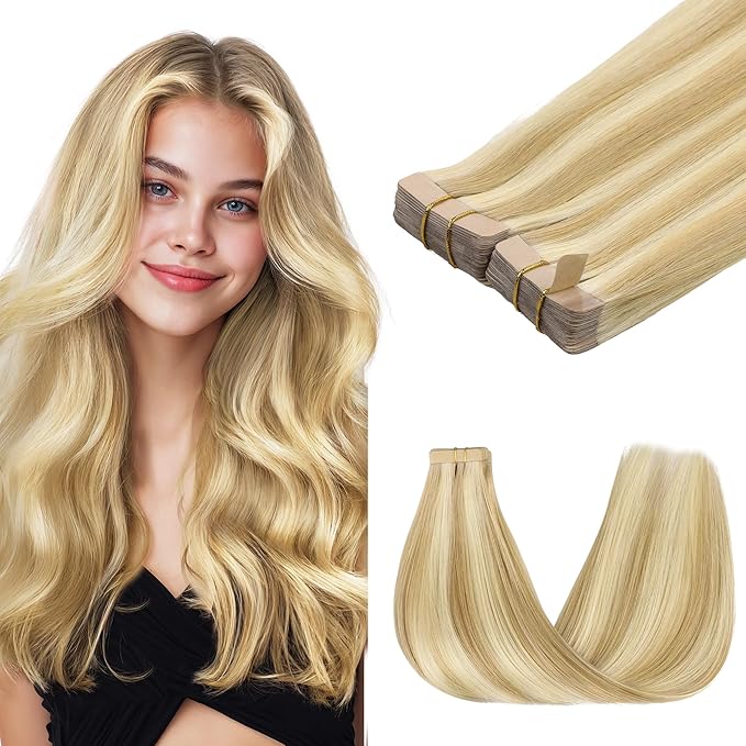 GOO GOO Tape in Hair Extensions Human Hair, 18D/22F Dirty Blonde Highlights, 10inch 60g 40pcs, Skin Weft Seamless Invisible, Silky Straight with Thick Ends, Remy Human Hair