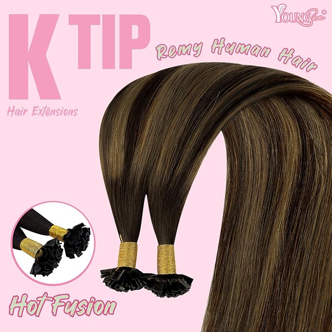 YoungSee Ktip Hair Extensions Balayage K Tip Human Hair Extensions Dark Brown with Medium Brown 14Inch Short 50s/50G