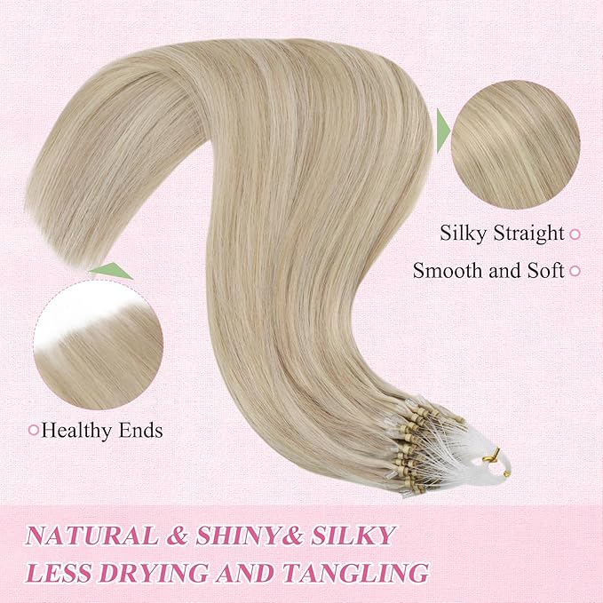 YoungSee Micro Beads Hair Extensions Blonde Micro Loop Hair Extensions Real Human Hair Ash Blonde Mix Blond Highlight Beaded Hair Extension Real Human Hair for Long Hair 24 Inch 50g 50s