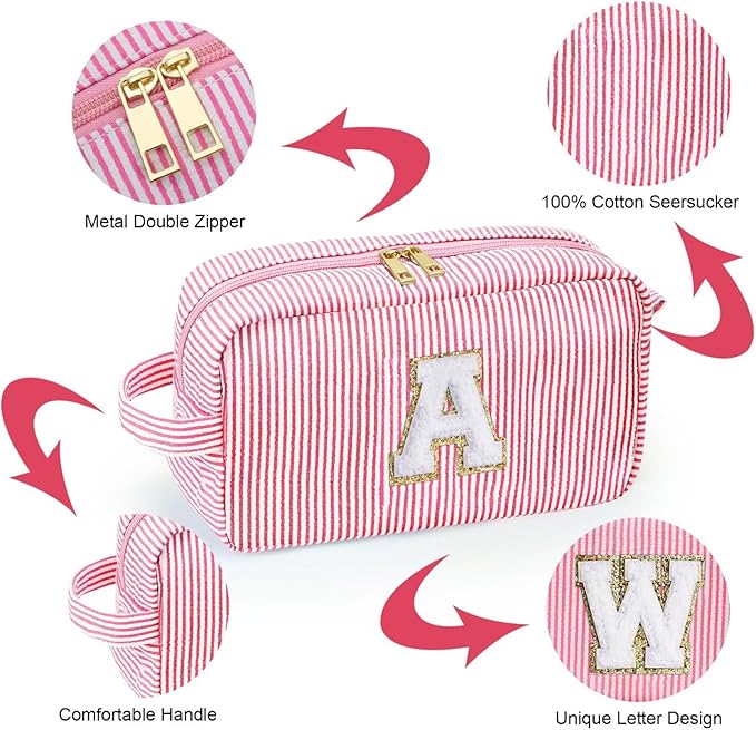 YOOLIFE Christmas Gifts for Women Teen Girls - Initial Makeup Bag Cosmetic Bag Toiletry Pouch, Personalized Birthday Gifts for Women Girls Mom Daughter Sister Friends, Pink A