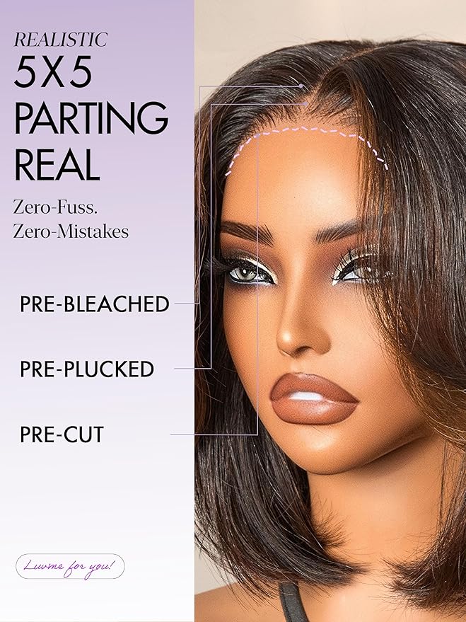 LUVME HAIR 5X5 Layered Cut Bob Wig 100% Human Hair Wigs Glueless 10 Inches Bob Pre Cut Plucked Lace Short Wig Ready To Go Bleached Knots Middle Part Brown Highlight Wigs