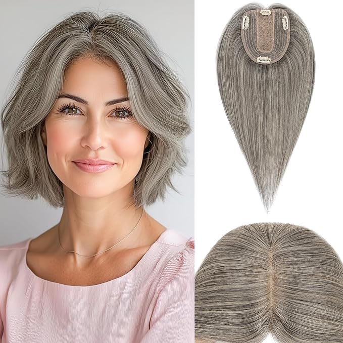 Rich Choices Hair Toppers for Women Real Human Hair 100% Human Remy Toppers NO Bangs for Women with Thinning on Top Clip in Hairpiece 4"x4.7"Lace Base 14 Inch Salt and Pepper G2 Sliver