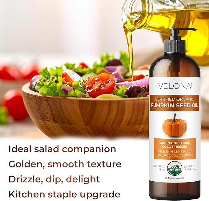 velona Pumpkin Seed Oil USDA Certified Organic - 8 Fl Oz | 100% Pure and Natural Carrier Oil | Unrefined, Cold Pressed | Cooking, Face, Hair, Body & Skin Care | Use Today - Enjoy Result
