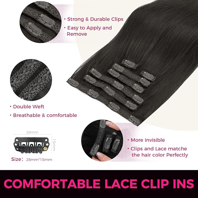 Lashey Clip in Hair Extensions, 14 Inch 7pcs 120g Natural Black Color, Straight Clip in Hair Extensions Real Human Hair Thick Clip in Hair Extensions for Women