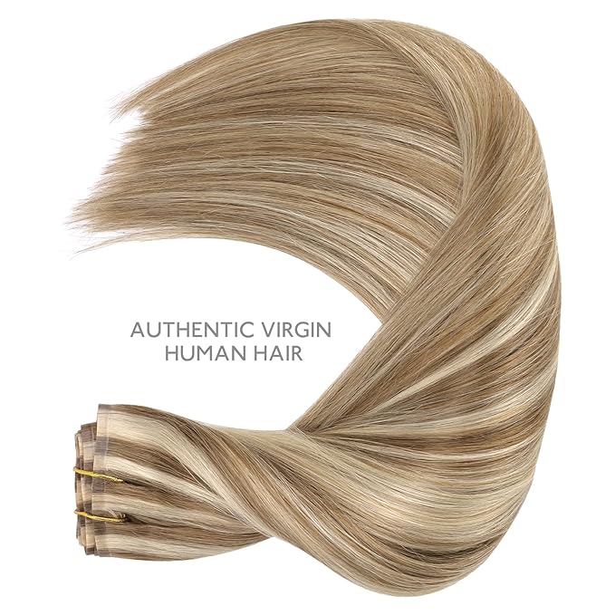 WENNALIFE Seamless Clip In Hair Extensions Human Hair, 12 Inch 80g 7pcs Ash Brown with Platinum Blonde Highlights Real Hair Extensions Clip in Human Hair Invisible PU Weft Natural Remy Hair