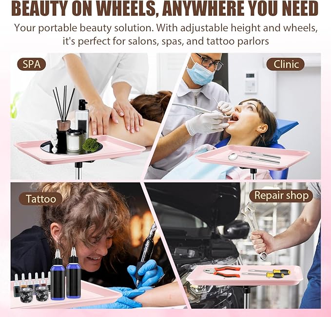 Rolling Salon Tray, Adjustable Salon Tray on Wheels, Premium Aluminum Tattoo Tray Cart for Spa Clinic, Pink