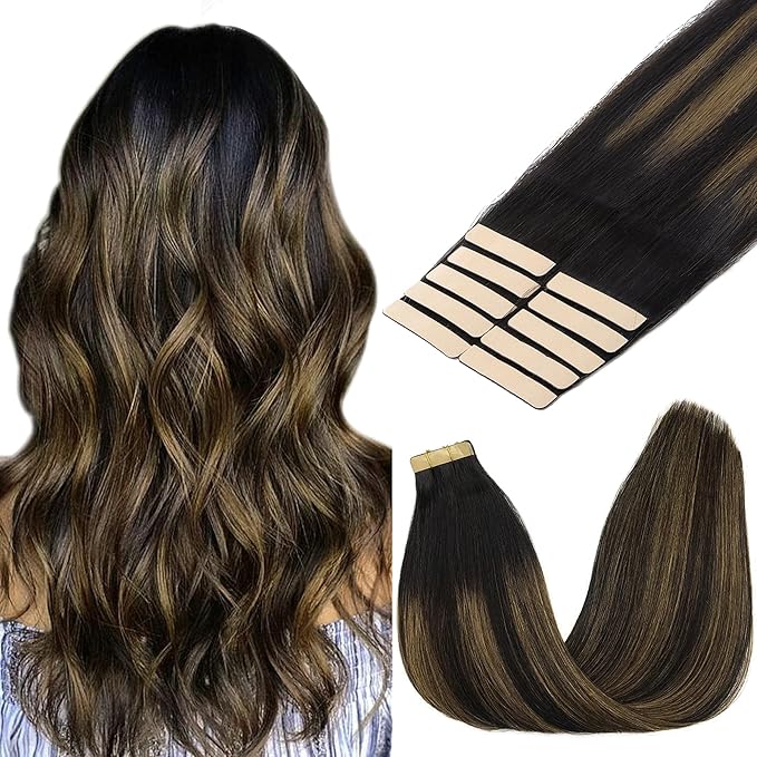 GOO GOO Tape in Hair Extensions Human Hair, 1B/6/1B Balayage Natural Black to Chestnut Brown, 14inch 25g 10pcs, Skin Weft Seamless Invisible, Silky Straight with Thick Ends, Remy Human Hair