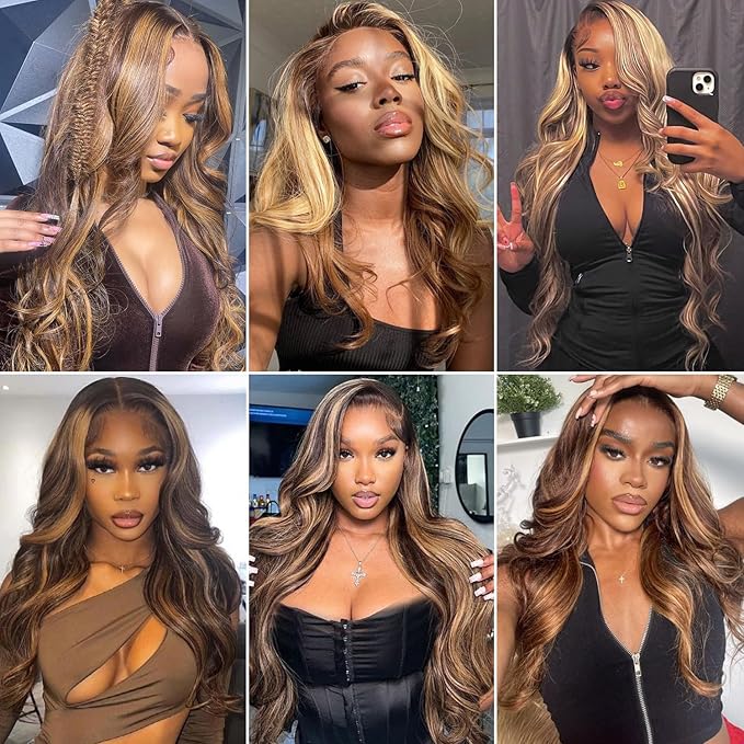 13x4 Highlight Ombre Lace Front Wig Human Hair Pre Plucked 4/27 Honey Blonde HD Glueless Colored Lace Frontal Wigs For Women with Baby Hair 200% Density Body Wave Lace Front Wig (28 Inch)
