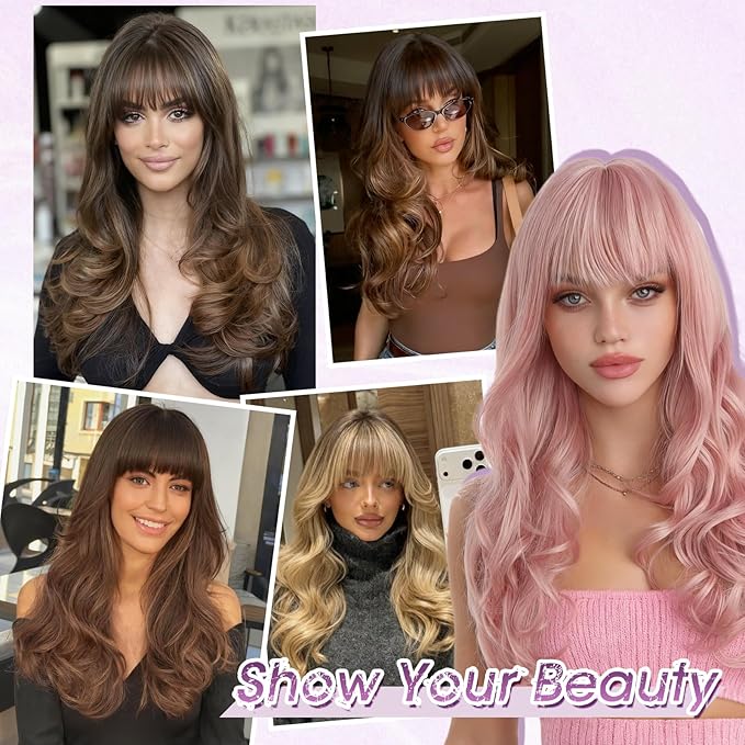 Haloo Blonde Wigs with Bangs Long Wavy Layered Haircut Natural Looking Fluffy Synthetic Heat Resistant Hair Wig for Women Daily Party, 24 Inch