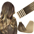 GOO GOO Tape in Hair Extensions Human Hair, 4/18 Balayage Chocolate Brown Highlighted Dirty Blonde, 24inch 30g 10pcs, Skin Weft Seamless Invisible, Silky Straight with Thick Ends, Remy Human Hair