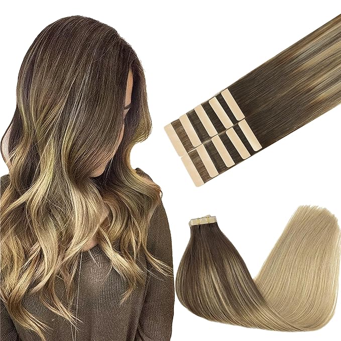 GOO GOO Tape in Hair Extensions Human Hair, 4/18 Balayage Chocolate Brown Highlighted Dirty Blonde, 24inch 30g 10pcs, Skin Weft Seamless Invisible, Silky Straight with Thick Ends, Remy Human Hair