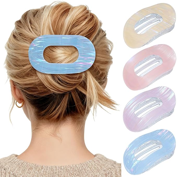 Mesovor 4 Pack French Flat Hair Clips for Women, 3.74" Nonslip Stylish Round Duckbill Lay Flat Hair Claw | Side Slide Volume Flat Hairclips for Lying Down, Yoga, Driving (Mermaid Stripes)