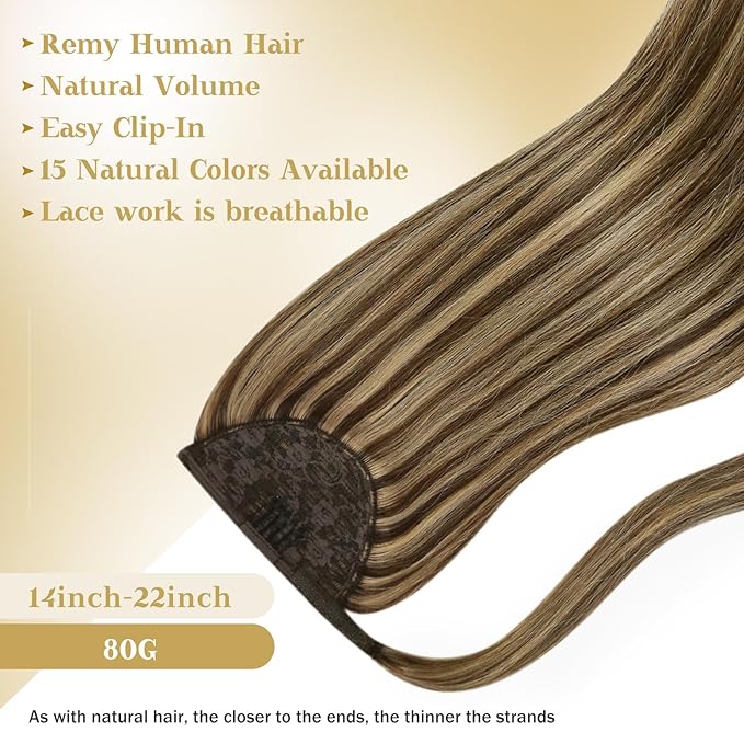 Ve Sunny Hair Extensions Ponytail Real Human Hair Wrap Around Clip in Ponytail Hair Extensions Straight Extensions Human Hair for Women Medium Brown Highlighted Caramel Blonde 18inch 80G 80G