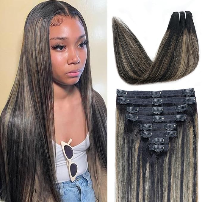 FB27 Balayage Clip In Hair Extensions Real Human Hair Straight Highlight Clip ins for Black Women 8Pcs with 18Clips 120g 22inch #T1B/1B/27 Balayage Black to Blonde