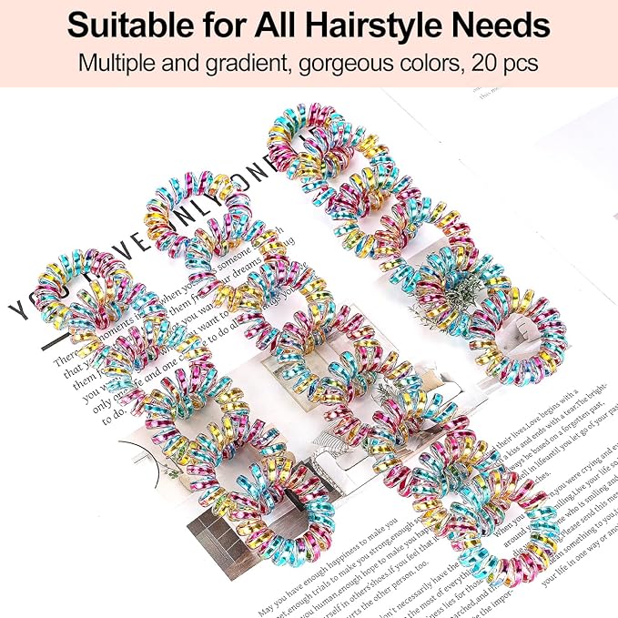JessLab Spiral Hair Ties, 20 Pcs Traceless Phone Cord Hair Ties No Crease Spiral Bracelet Plastic Coil Ponytail Holders No-Damage Headband Hair Accessory for Girls Women Ladies Gift, Mix Color 5
