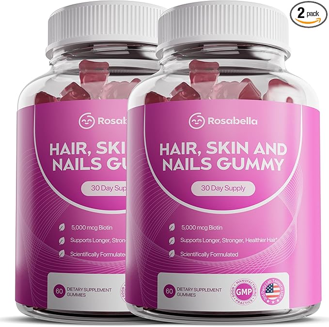 Rosabella® Hair Growth Vitamin Gummies [60 Gummies] Biotin for Faster Hair Growth Women & Men - Nail, Skin (5.000mcg Biotin) (60 Count (Pack of 2))