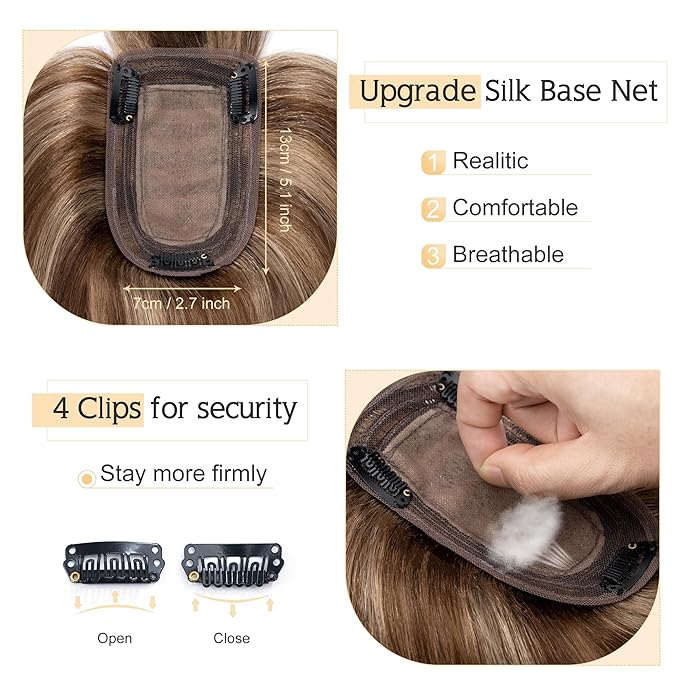 SEGO Hair Toppers for Women Real Human Hair With Bangs, 7 * 13CM Silk Base 100% Remy Human Hair Clip in Top Wiglet Hairpieces Add Volume -10 Inch 4P27 Medium Brown&Dark Blonde