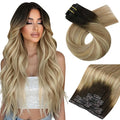 Moresoo Seamless Clip in Hair Extensions Human Hair Balayage Remy Straight PU Weft Human Hair Clip in Extensions Full Head Ombre Brown to Light Brown with Golden Blonde 7pcs/120g 20inch