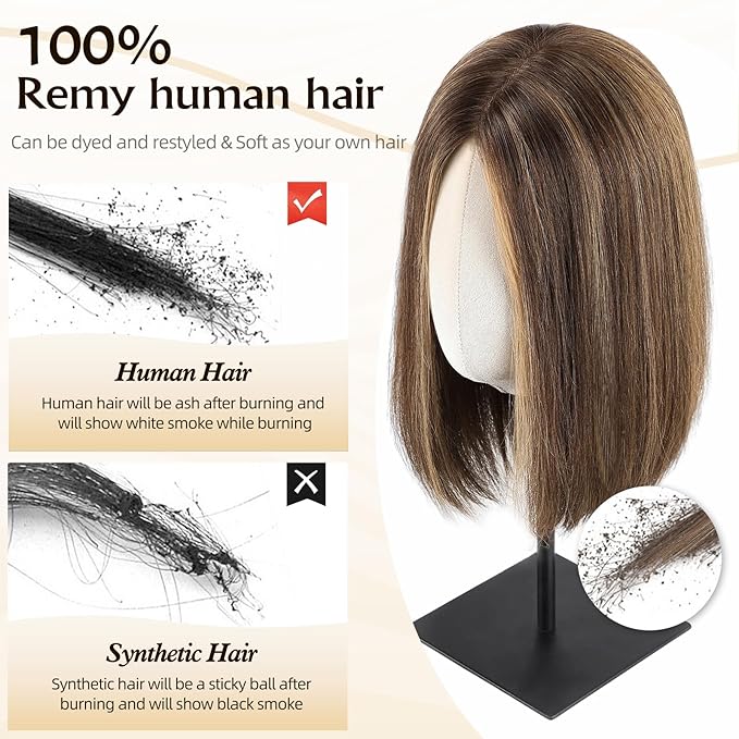 MONO TOP Hair Toppers for Women Human Hair 12 Inch 7"×8" Big Base Partial wig Cover Thinning Hair or Loss No Bangs Top Hair Pieces Natural Wiglets (Brown with Blonde Highlights)
