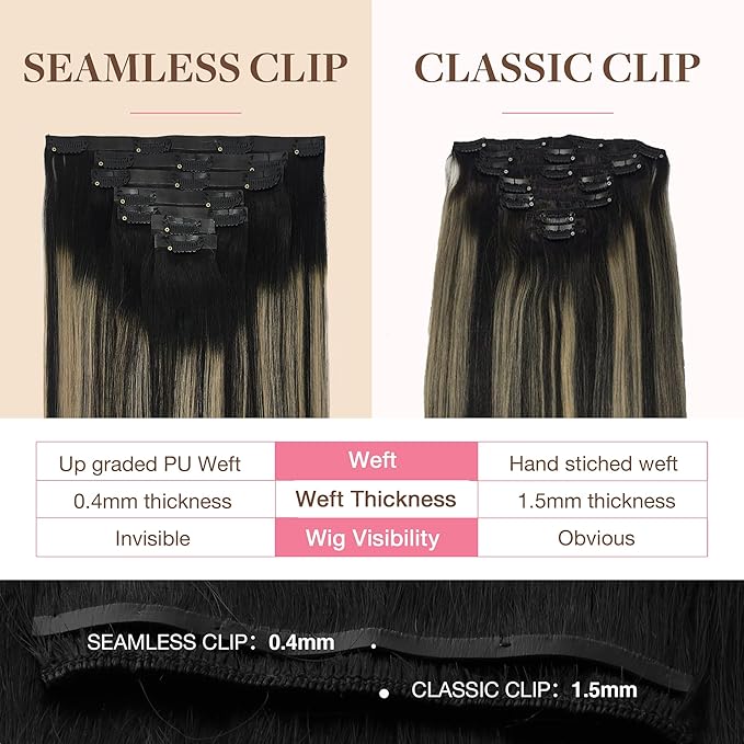 GOO GOO Clip in Hair Extensions Real Human Hair, Remy Human Hair Extensions Clip ins for Women, Natural Human Hair, 18inch 130g 7Pcs, 1B/16/1B Balayage Natural Black to Light Blonde