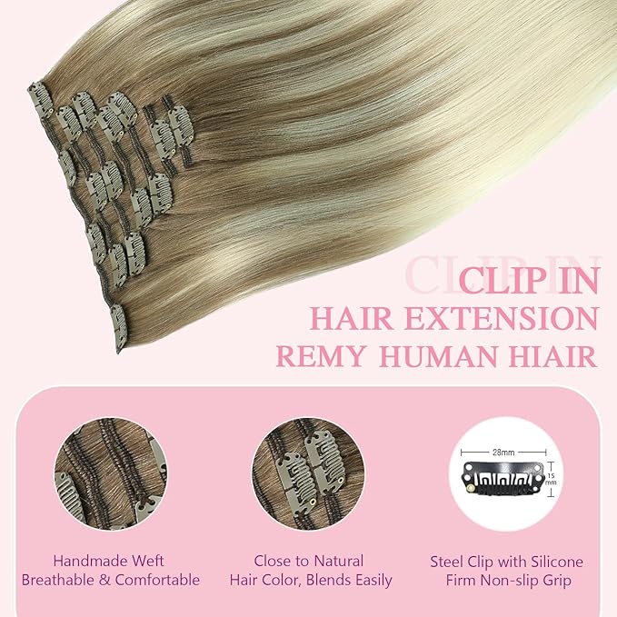 PINKPEARL Human Hair Clip in Hair Extensions 18inch #8T60 Ash Brown to Platinum Blonde Balayage Clip in Hair Extensions Real Human Hair 7pcs 120g Natural Remy Human Hair(#8T60-18)