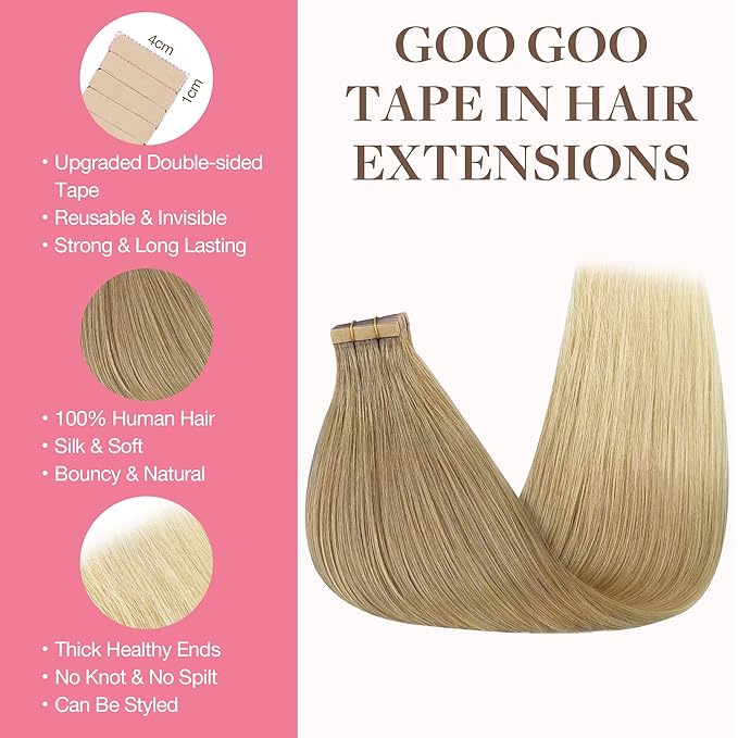 GOO GOO Tape in Hair Extensions Human Hair, O18G/22G(L) Golden Beige Blonde with Ash Highlights, 20inch 50g 20pcs, Skin Weft Seamless Invisible, Silky Straight with Thick Ends, Remy Human Hair