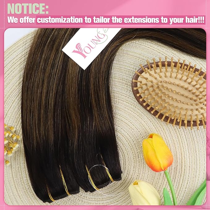 YoungSee 100G Wire Human Hair Extensions Balayage Brown Wire Hair Extensions Real Human Hair Dark Brown with Medium Brown Invisible Headband Hair Extensions Natural Hair 20Inch