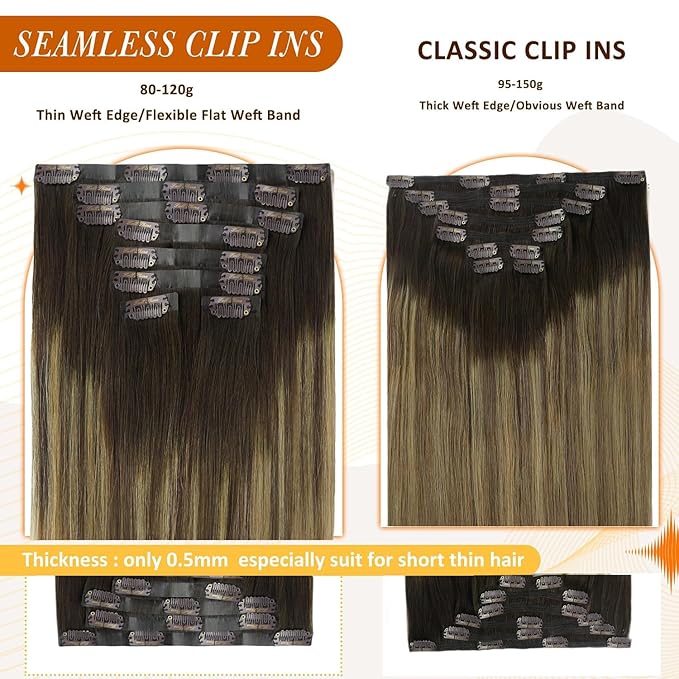 Full Shine Balayage Clip in Hair Extensions 16 Inch Ombre Dark Brown to Light Brown with Caramel Blonde Remy Human Hair with Thick Ends Clip ins 8 PCS 120 Grams