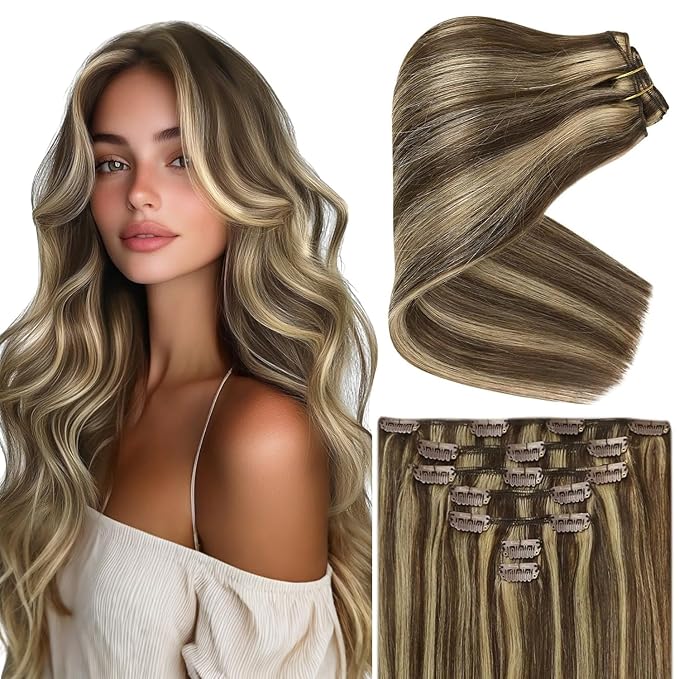 Ve Sunny Clip in Human Hair Extensions Highlights Brown Clip in Hair Extensions Real Human Hair Highlights Dark Brown with Caramel Blonde Natural Look Hair Extensions for Women 120g 18inch 7pcs