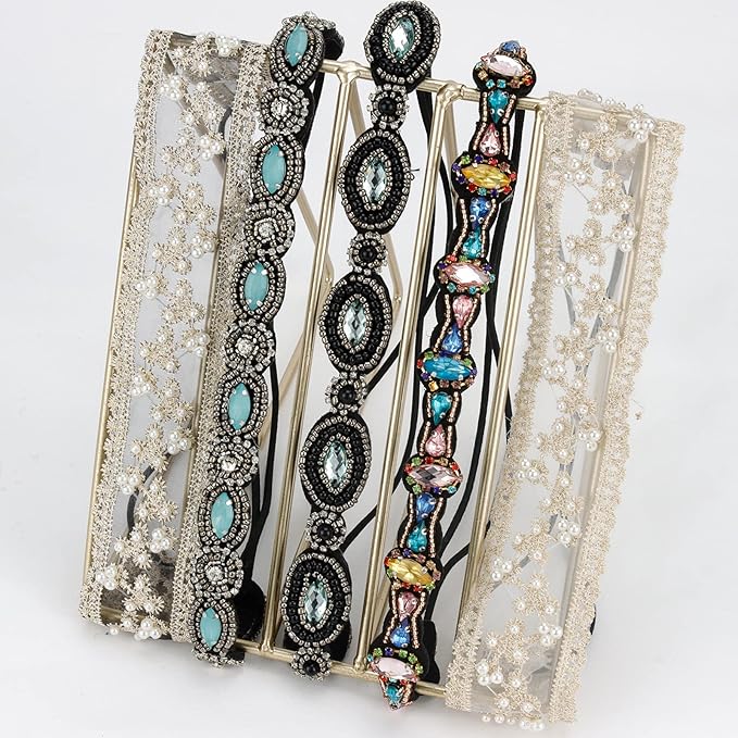 AMCAMI Rhinestone Crystal Beaded Hairbands 5 Pack - Elastic Hippie Hair Accessories for Women and Girls