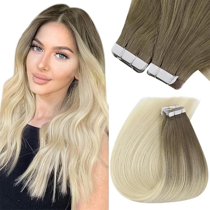Sunny Hair Tape in Hair Extensions Real Human Hair Invisible Remy Hair Extensions Tape ins for Women Light Brown Root to Platinum Blonde Balayage 22 inch 20Pcs 50G