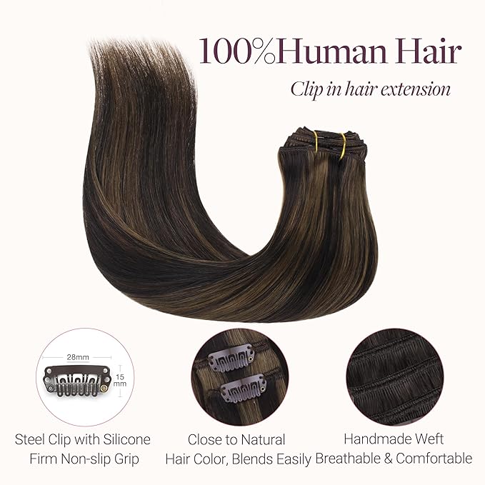 GOO GOO Clip in Hair Extensions Real Human Hair, Remy Human Hair Extensions Clip ins for Women, Natural Human Hair, 14inch 150g 9 Pcs, #2/6 Dark Brown Highlighted Chestnut Brown