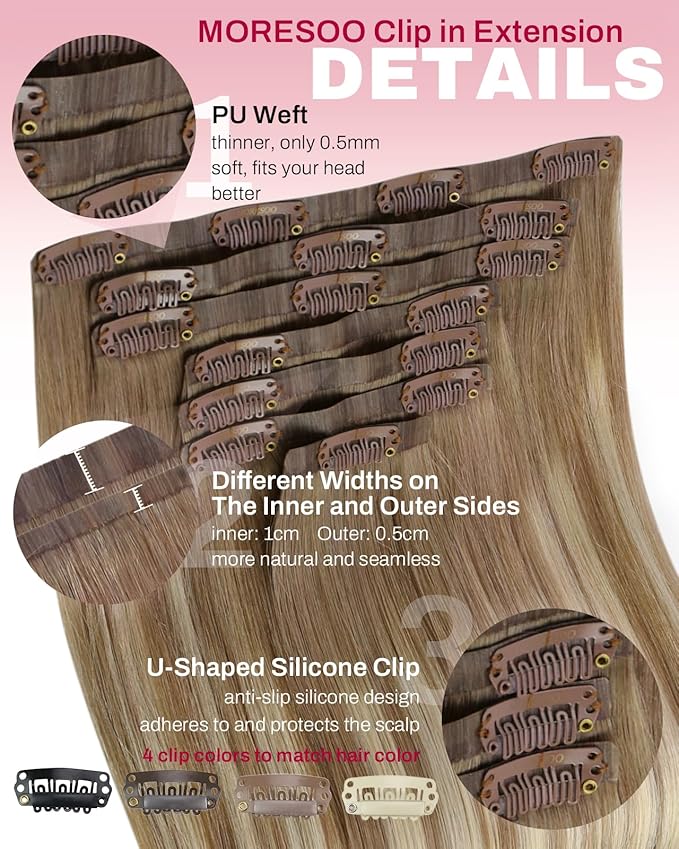 Moresoo Seamless Extensions Clip in Human Hair Light Brown Ombre Golden Blonde Seamless Balayage Clip in Hair Extensions Human Hair 7pcs/120g 22inch