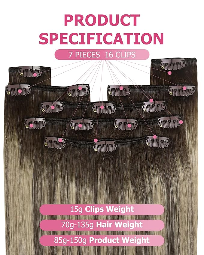 YoungSee Clip in Hair Extensions Human Hair Brown Balayage Hair Extensions Clip ins Chocolate Brown with Ash Blonde Balayage Real Hair Extension Clip ins for Women Soft and Smooth 14Inch 120G 7Pcs