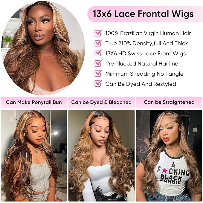 Honey Blonde Ombre 13x6 Lace Front Wig Human Hair 210 Density Highlight Body Wave Lace Front Wigs Human Hair Pre Plucked Glueless Lace Frontal Wig for Women 4/27 Colored 32Inch