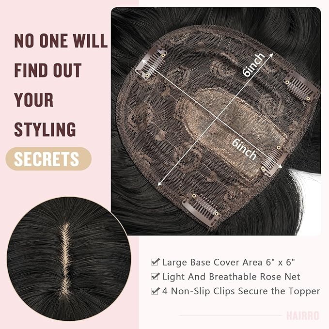 Hairro 18 Inch Long Hair Toppers Wavy with Side Bangs for Women, Clips In Synthetic Hairpieces Capless, for Adding Volume/Birthday/Party/Halloween/Cosplay Dress Up, Pure Black