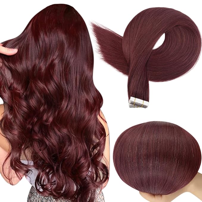 Full Shine Hair Extensions Wine Red 99J Tape in Hair Extensions Human Hair 22Inch Tape in Extensions Invisible Human Hair Extension Burgundy Seamless Skin Weft Hair 50Gram 20Pcs Remy for Women