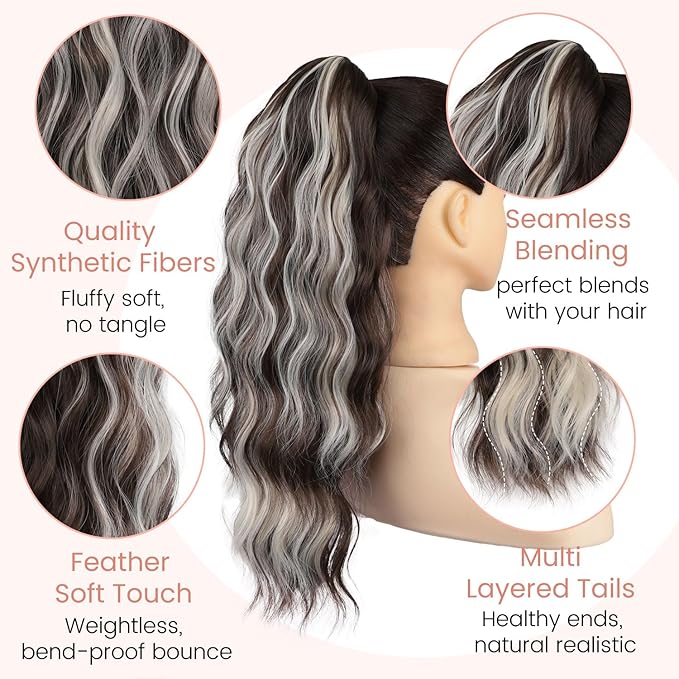 Claw Wavy Ponytail Extension 18 Inch for Women Curly Pony Tail Clip in Hair Extensions Fluffy Natural Looking Synthetic Hairpiece for Daily Use (Ash Brown with Platinum Blonde)
