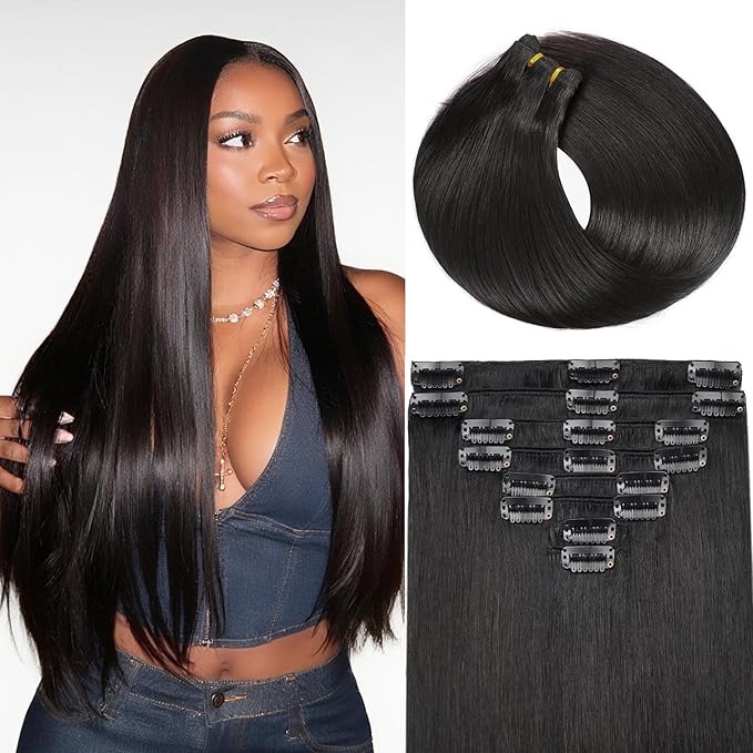 Clip in Hair Extensions Real Human Hair, 24 Inch 120g, 1B Natural Black, Invisible Seamless Straight Remy Human Hair Extensions Cip ins for Women 8pcs Per Set with Double Weft