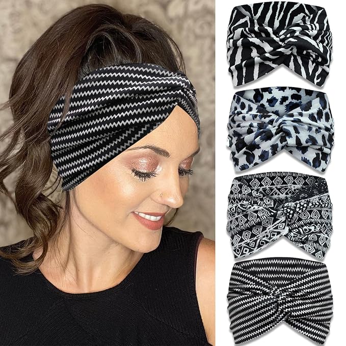 IVARYSS Extra Wide Boho Headbands for Women Non-Slip, 7'' Large Twist Knotted Stretchy Wraps Head Bands Hair Accessories, 4 Pack, White and Black