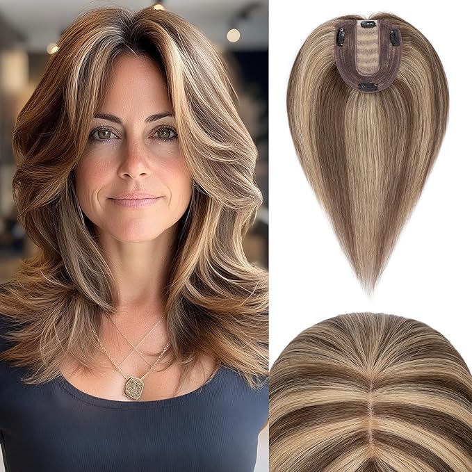 Rich Choices Hair Toppers for Women Real Human Hair 100% Human Remy Toppers NO Bangs with Thinning on Top Clip in Hairpiece 4"x4.7"Lace Base 12 Inch #4P27 Medium Brown Highlights Dark Blonde